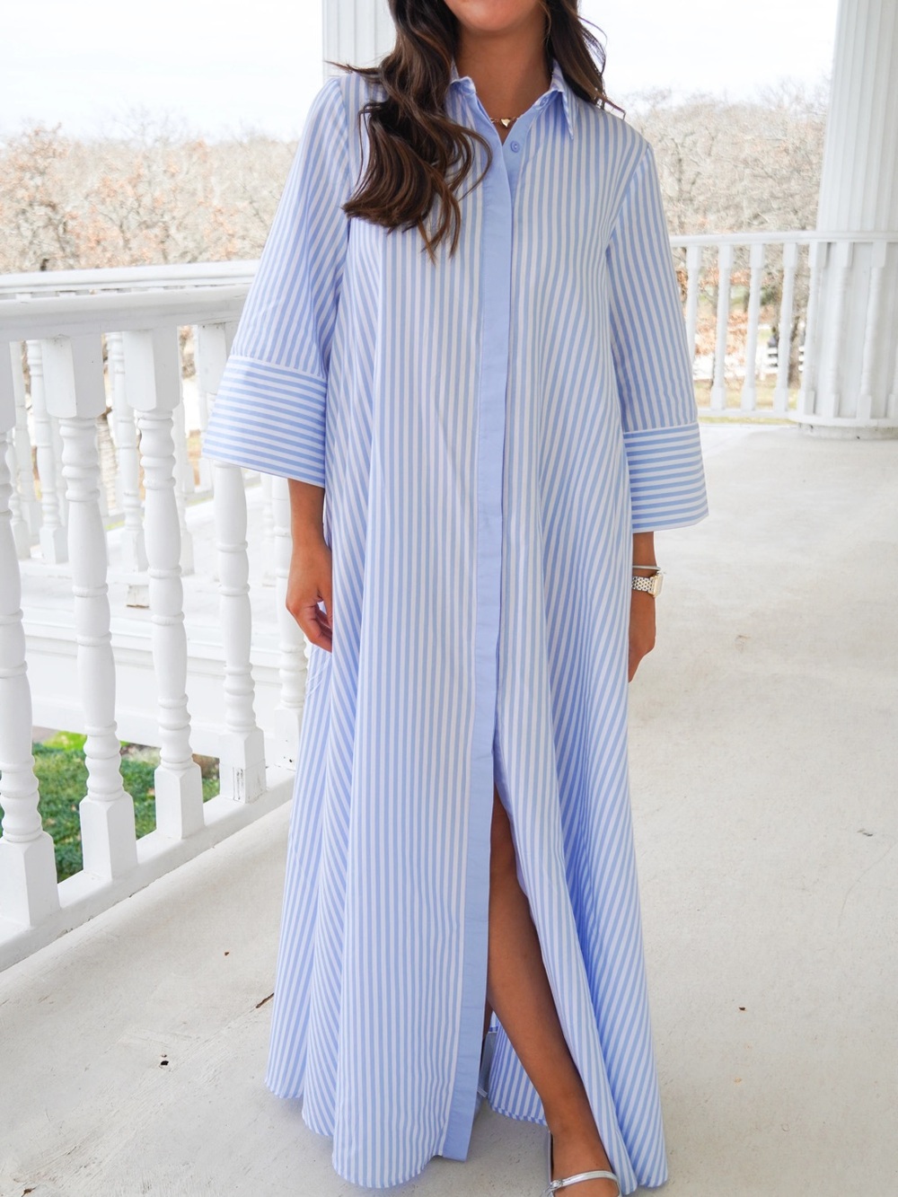 FORE Blue & White Striped Button-Front Shirt Dress